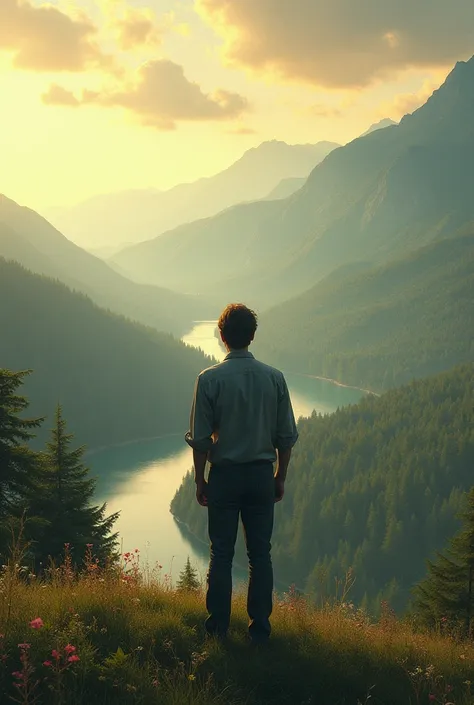 A sad man looking at a beautiful landscape 
 