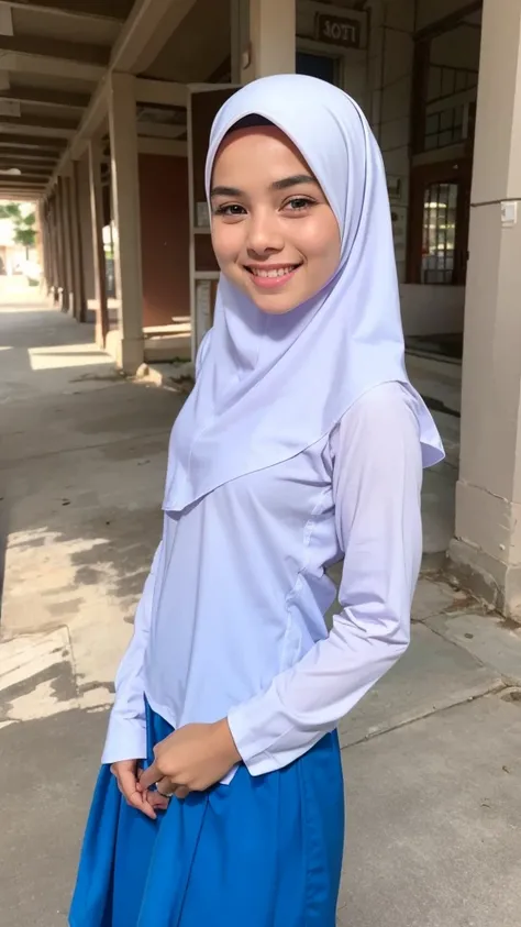 1 hijab girl, small breasts 1:2 , very cute baby face, (white dress), ((wearing hijab)), ((blue skirt)), long sleeve, looking at camera, elegant, soft cloth, satin fabric, very beautiful girl, smile, full body, very beauty face, school building background