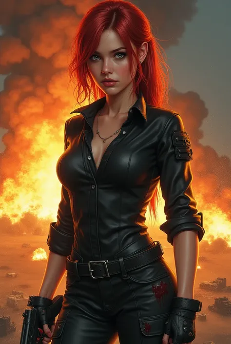 realistic drawing, A picture of an extremely beautiful red-haired woman, grey eyes, small nose, full lips, very feminine and sexy features, wearing a black leather shirt and black military cargo pants stained with blood and a gun in his hand, background an...