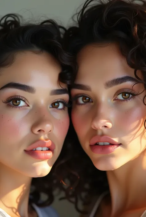 
Create an ultra-realistic portrait using a professional GoPro camera of a 2 Mexican woman with white skin, black curly hair, honey-colored eyes, full lips, well-defined eyebrows, and long eyelashes. She has some freckles on her cheeks and wears a soft pin...