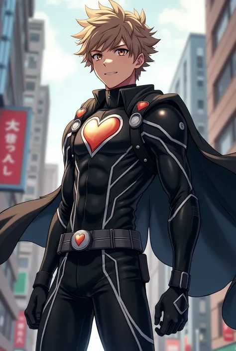 My Hero Academia style, anime boy, male, young male, trending on artstation pixiv, (full body shot:0.5), short hair, light brown hair, brown eyes, hero suit, full body suit, black suit with white details, black cape over a dark grey backpack, heart only on...