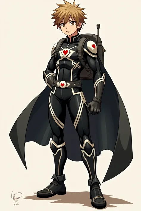 My Hero Academia style, anime boy, male, young male, trending on artstation pixiv, (full body shot:0.5), short hair, light brown hair, brown eyes, hero suit, full body suit, black suit with white details, black cape over a dark grey backpack, heart only on...