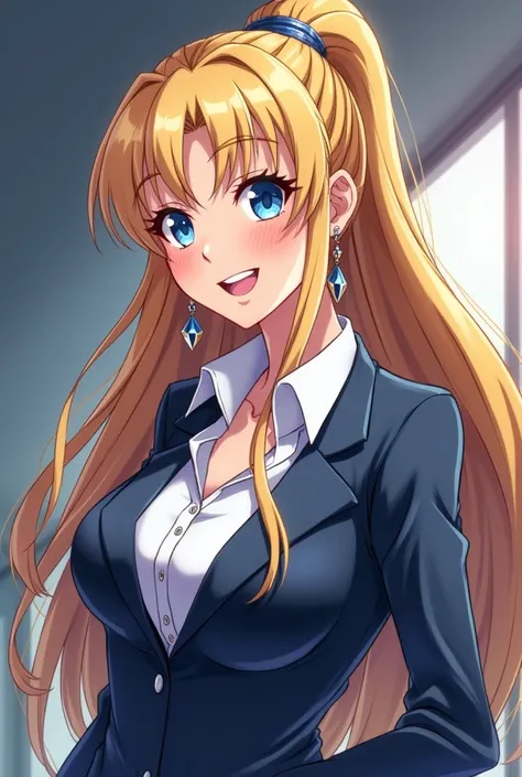 1girl, Solo, Long Hair, Breasts, Blush, Smile, Blonde Hair, Jewelry, Ponytail, Earrings, High Resolution, Bangs, Large breasts, Blue eyes, Closed Mouth, Makeup, Happy, Anime, Anime Style, yu-gi-oh, yugioh, yu-gi-oh style, yugioh style, corporate, business ...