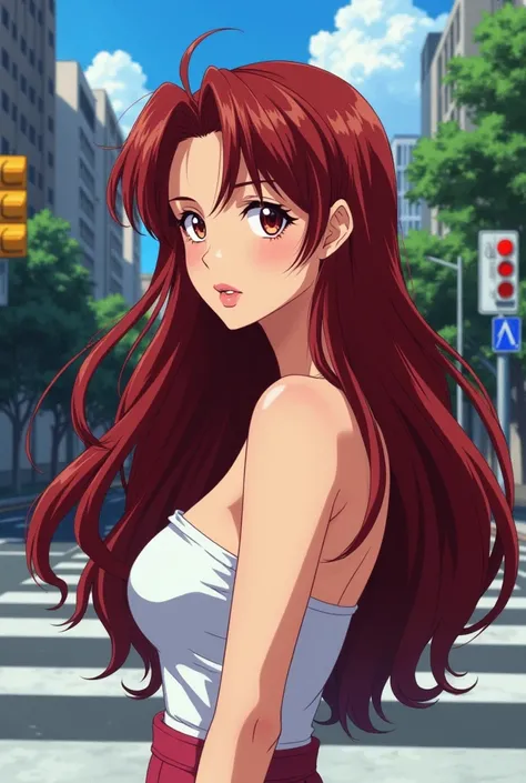 , 1990&#39;s anime style, whole body、Upper part of the body、A pretty woman、4k、bare shoulder、crosswalk、Sign 、intersection、complex background、dark red hair、a length、Detailed hair