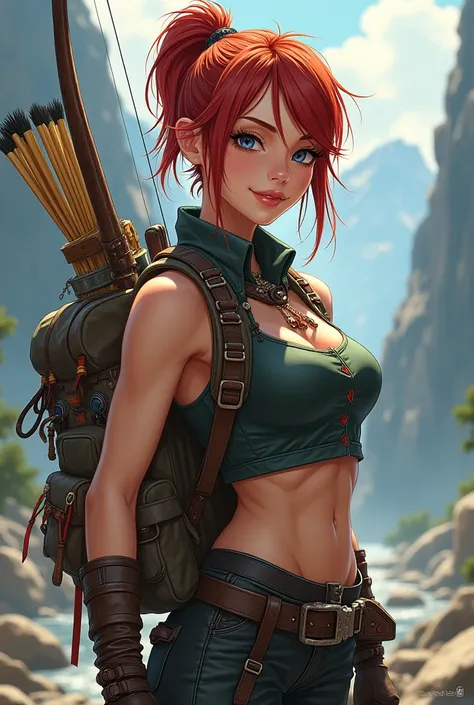 athletic woman, short reddish hair, ponytail, tight leather clothing, bow, backpack, survival tools, experienced explorer, sexy, anime.