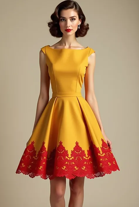 I want a straight 50s dress with a short gold skirt with red guipure and a straight boat neck