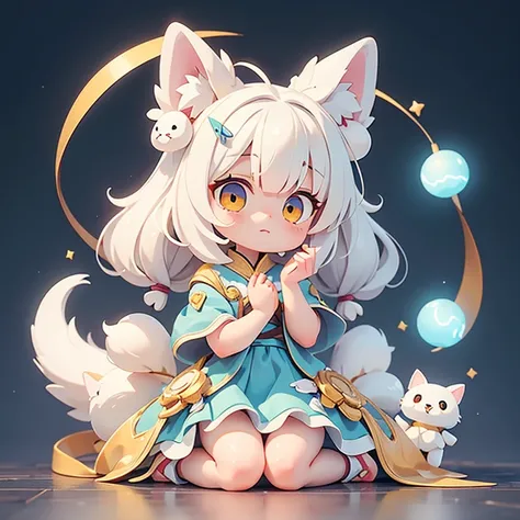 cute　White Dog　Round eyes　Fluffy tail　Yellow eyes on the right and blue eyes on the left　character　Anime-style design　Highest quality ,masterpiece, figure, Very delicate and beautiful, wonderful, In detail, masterpiece,　Charm
