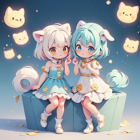 cute　White Dog　Round eyes　Fluffy tail　Yellow eyes on the right and blue eyes on the left　character　Anime-style design　Highest quality ,masterpiece, figure, Very delicate and beautiful, wonderful, In detail, masterpiece,　Charm
