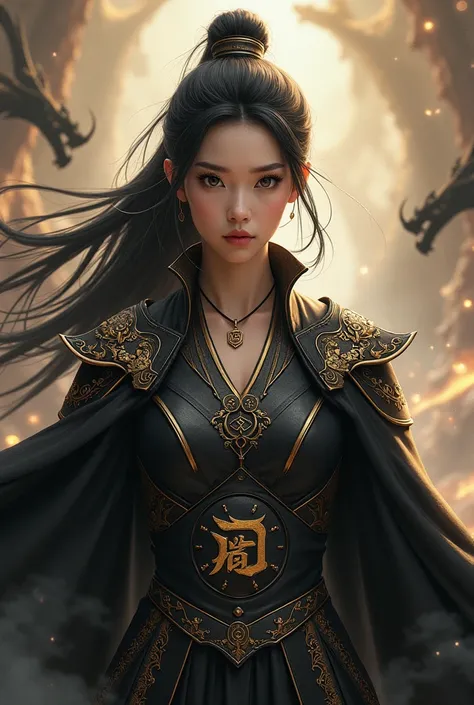 A korean girl that looks like a dragon warrior with a black and gold clothes with a cape and holding a sword and a logo "DDRAGONS" on her clothes, the background should be mystical and with dragons. She has a necklace with "Pen" imprinted. She was facing t...