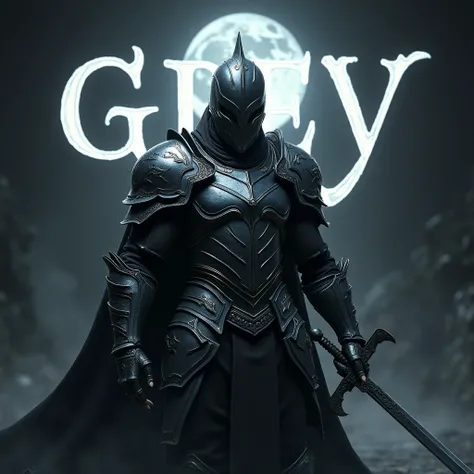 To create the realistic image like a photograph, imagine a fierce male warrior, terrifying helmet, dressed in black and silver integral detailed armor, who catches the light in a captivating way. He is holding a sword. Around him, moonlights swirl that acc...