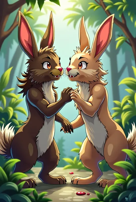 Make a feral furry rabbit couple with high-quality digital illustration with an anime style, rendered with vibrants color, smooth shading, detailed line work, and the quality is quite sharp and well-defined