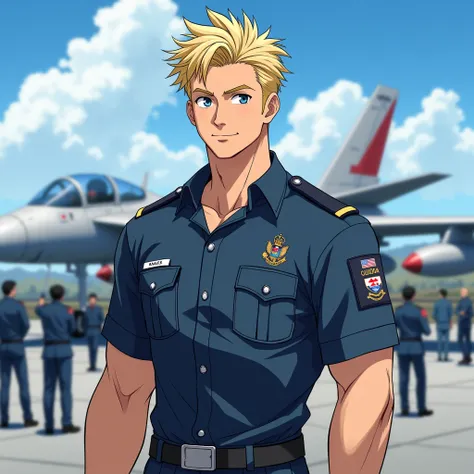 1 male with an athletic physique and a casual attitude. Her blonde hair and blue eyes shone with a mix of determination and curiosity.. Cadet in the Royal Air Force. anime style