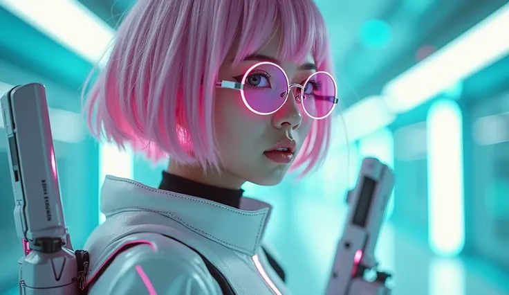 A drop dead gorgeous girl is wearing metal for the futurist, cyberpunk, pink and white short hair, futuristic technology, and girls holding weapons in dazzling colors, wearing science fiction glasses, in the style of yuumei, light turquoise and light silve...