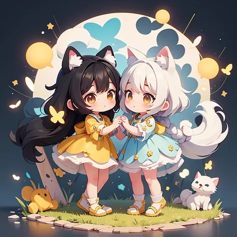 cute　White Dog　Round eyes　Fluffy tail　Black Hair　Heterogeneous eyes: yellow on the right and blue on the left　character　Anime-style design　Highest quality ,masterpiece, figure, Very delicate and beautiful, wonderful, In detail, masterpiece,　Charm
