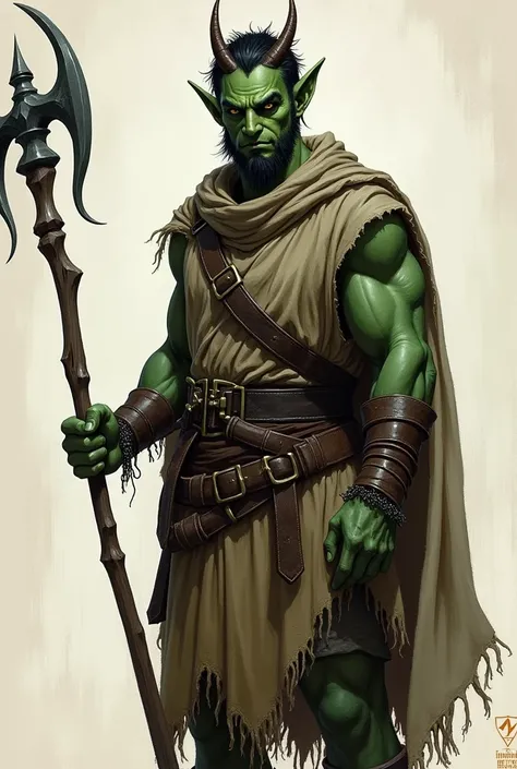 Dark Green skinned Tiefling, Small Dark Brown horns, Very thin, muscular Lose clothing, War Pick in right hand, Shy Short dark hair, well worn cloths, fully clothed chief, lightly bearded 