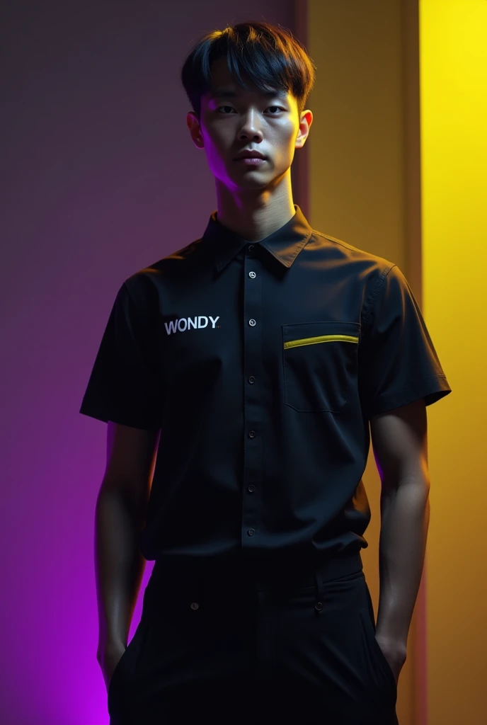 Black uniform shirt with yellow and purple that has the name WONDY on the right chest with a modern and simple design 