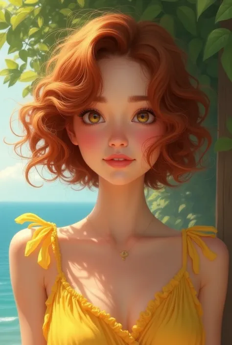 Create an image of a woman with short curly hair, wearing a yellow dress, and having dimples.