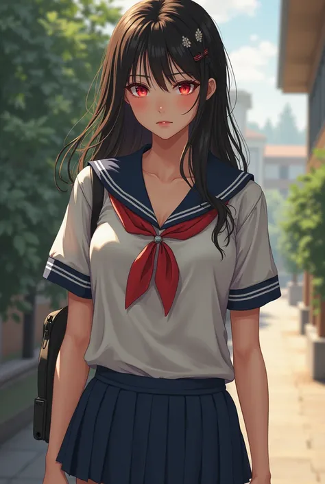 a woman in school clothes, outside of school, cute face, red eyes, big breasts.
