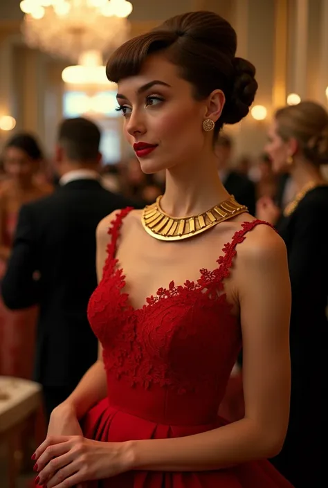 I want a gold boat neck dress with red guipure 50s style Audrey Hepburn 