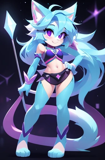 complete body, face perfect, cabelo roxo, Star Guardian, purple and cyan eyes, bright purple eyes, long eyelashes, cyan blue fur, cyan blue cat ears, ssmile doce,tummy,arms ,flegs ,waist,feet. purple and cyan hair,  fake cat ears, light ssmile, ear flush,s...