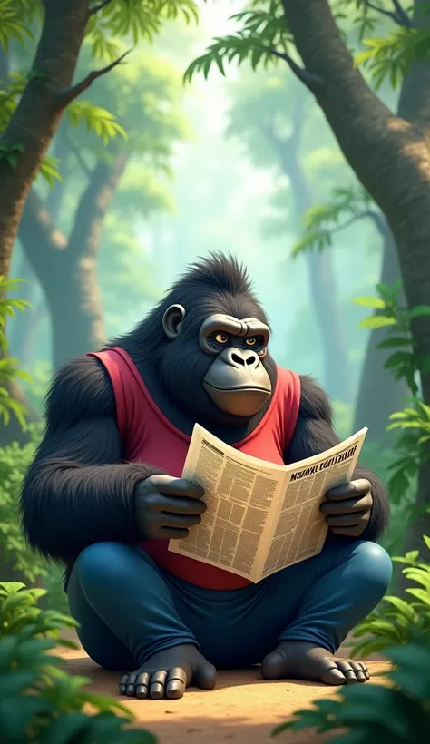 teenage gorilla, sitting, furry anatomy, black eyes, red shirt, blue pants, reading the newspaper, in the jungle, 4k, hyper detail, 3d cartoon style