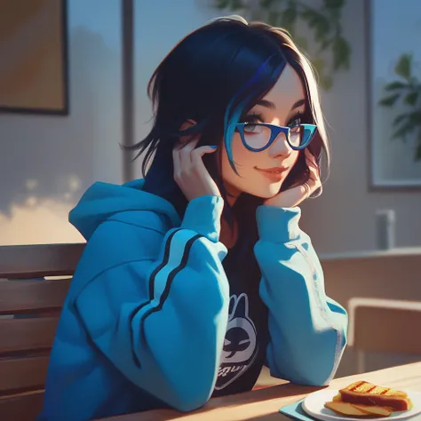 Emo girl with black hair and blue streaks and hipster glasses, looking at the camera with a friendly smile, she is thin and dresses in black and purple colors, her nails are painted black, her sweatshirt sleeves are long, she is sitting in a university caf...