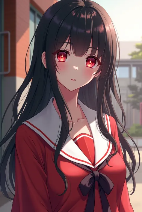 a woman with red school clothes, long black hair, outside of school, cute face, red eyes, big breasts.
