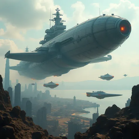 Fantasy airship, air base, aircraft carrier, warship , Masterpiece, The ultimate sci-fi space war, A giant spaceship, Highly detailed spacecraft, The Future City of San Francisco, incredible light, cinema composition, Exaggerated, cinema, 8ก, realistic, co...