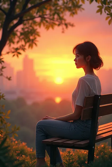 Woman sitting on a bench watching the sunset