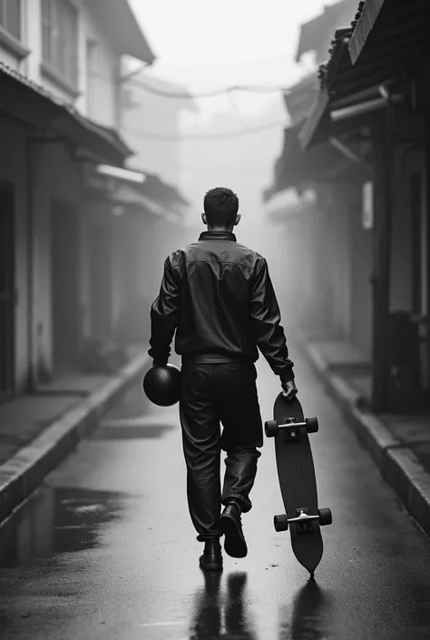 person walking backwards with a skateboard in hand, The person is carrying a leather longboard suit and helmet in the other hand, the environment has to be humid and black and white 
