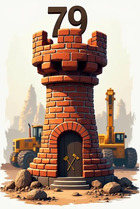 Logo of Chesss rook made out of brick with door on its front wall, on top of the door theres a symbol of pickaxe and shovel in X position, behind the rook theres an image of construction equipment building a country and the number 79 surrounded  on top of ...