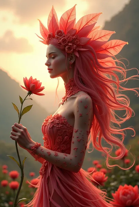 A visually striking conceptual artwork featuring a mythical woman, Half flower woman flower, This half-humanoid is drawn in stunning 3D rendering, with a glossy red color and intricate details of leaves and petals replacing the skin. Her gentle smile and g...