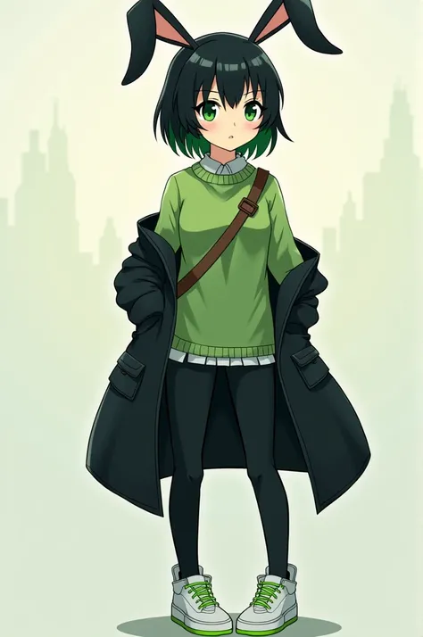 
Woman with bunny ears, short hair with black and green gradient, green eyes, green sweater, black short sleeve coat, black pants, brown strap, white sneakers with green soles, anime