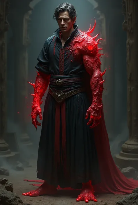 
Human male with dark brown eyes and hair, fair skin with a thick crystalline red crust only on the entire right arm wearing necromancer clothes 