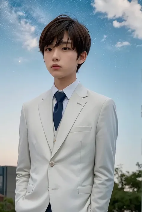 20 year old boy with round face, wearing a suit with a white shirt and tie, mushroom hair,  with the sky with stars in a sad and depressive scene 