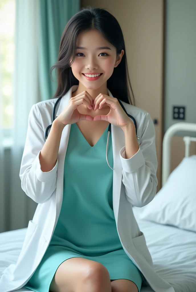 photorealistic, photograph, full body shot, sitting on edge of hospital bed, smiling beautiful Japanese female doctor wearing open labcoat and aqua dress making heart shape with hands under mouth, slim hourglass figure, narrow waist, medium breasts, beauti...