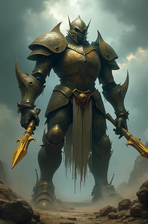 A being with knight&#39;s armor but deformed gigantic with golden weapons