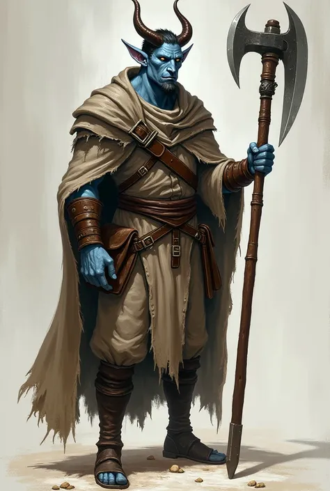 Light Blue skinned Tiefling, Small Dark Brown curved horns, Very thin, muscular Lose clothing, War Pickax as weapon in right hand, Shy Short dark hair, well worn cloths, fully clothed chief, thin bearded