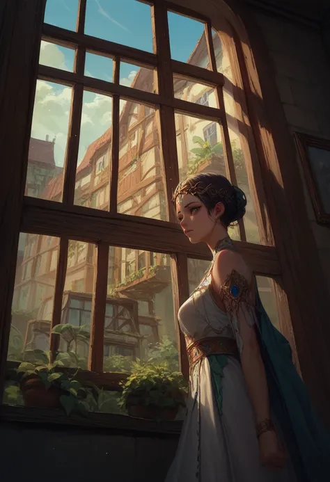 a woman looking out a window. Let the angle be seen from the outside in, anime type