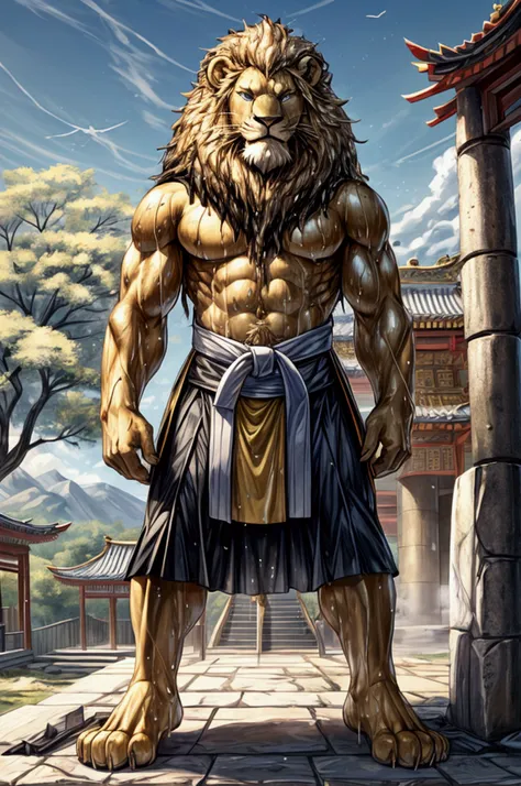 A golden martial artist lion, tall, well-defined and slim body, with a dark and elegant mane, piercing blue eyes, very ugly and very horrible orange loincloth,(bottom: a clear sky during the day, a golden martial arts temple in the distance,,just standing ...