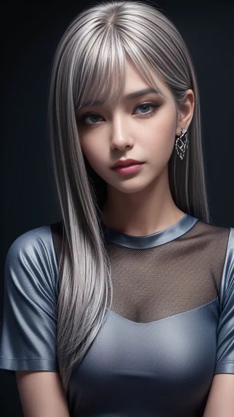 (best quality, masterpiece), 1girl, beautiful girl, brown_eyes, ((hair color [Silver hair], [bangs] hair)), earrings, lips, short sleeves,realistic, ((narrow waist)), charming, colorful makeup, long eyelashes, fair skin, (cute), (detailed face), detailed e...