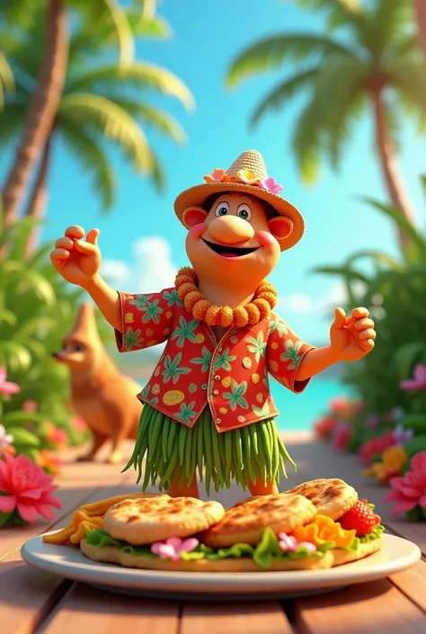 A plate of food animated with Hawaiian clothing 