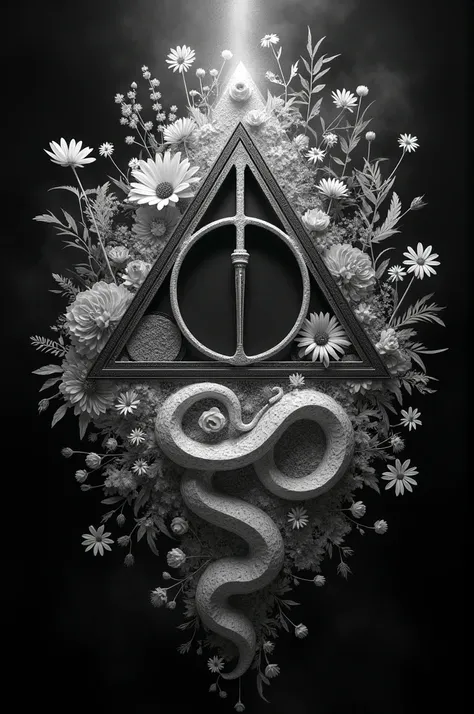 Harry Potter&#39;s Deathly Hallows symbol wrapped in magical flowers and a snake in black and white