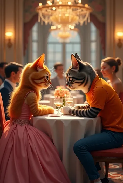 The orange female cat in human body wearing a pink gown meets a black with white strips cat in human body wearing a orange t-shirt and blue jeans in a restaurant for a romantic date