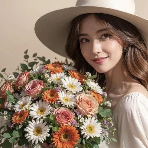 A hyper-realistic detailed image of a young woman holding a bouquet of flowers. She is wearing a white dress and a wide-brimmed hat. The woman has shoulder-length brown hair and is smiling at the camera. The bouquet is made up of various types of flowers, ...