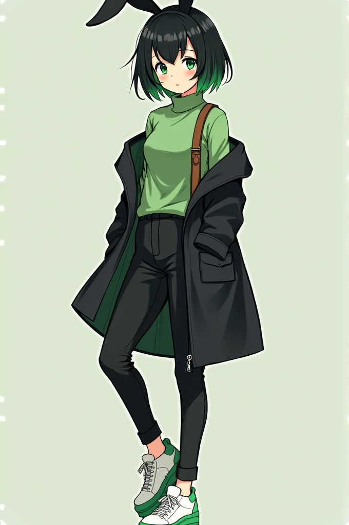 
Woman with bunny ears, short hair with black and green gradient, green eyes, green sweater, black short sleeve coat, black pants, brown strap, white sneakers with green soles, anime
