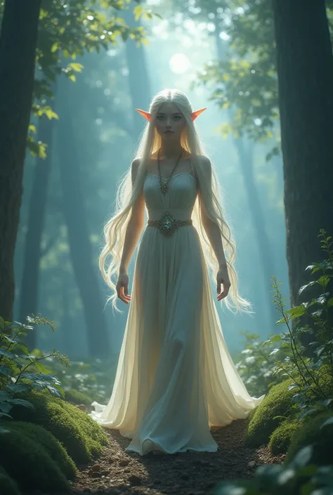 A radiant, full-bodied elf princess named Liora finds herself lost in the heart of a mystical forest.., where ancient trees whisper secrets and shadows play under the silver glow of the moon. while she wanders, The melodies of invisible creatures guide her...