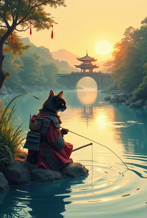 Samurai cat fishing in a Japanese river


