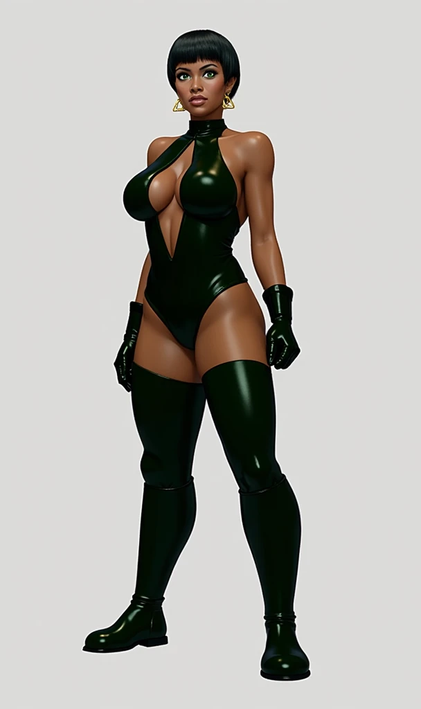 girl, solo, gloves, thighhighs, breasts, thigh_boots, short_hair, dark_skin, boots, dark-skinned_female, leotard, black_hair, cleavage, full_body, center_opening, standing, medium_breasts, green_eyes, green_thighhighs