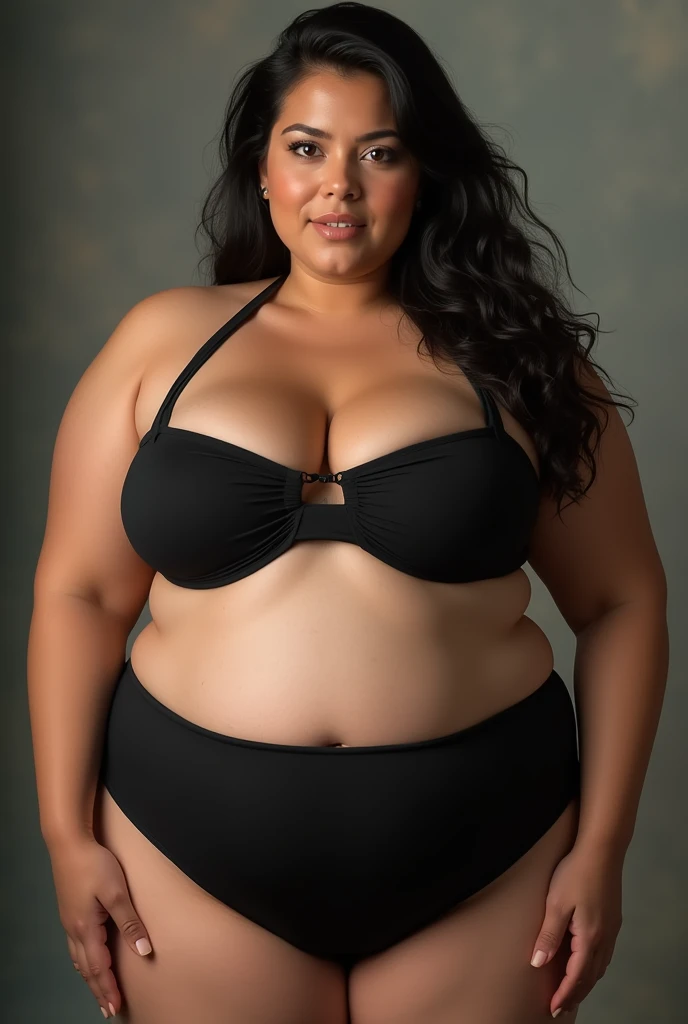 A woman in a black bikini with a huge belly